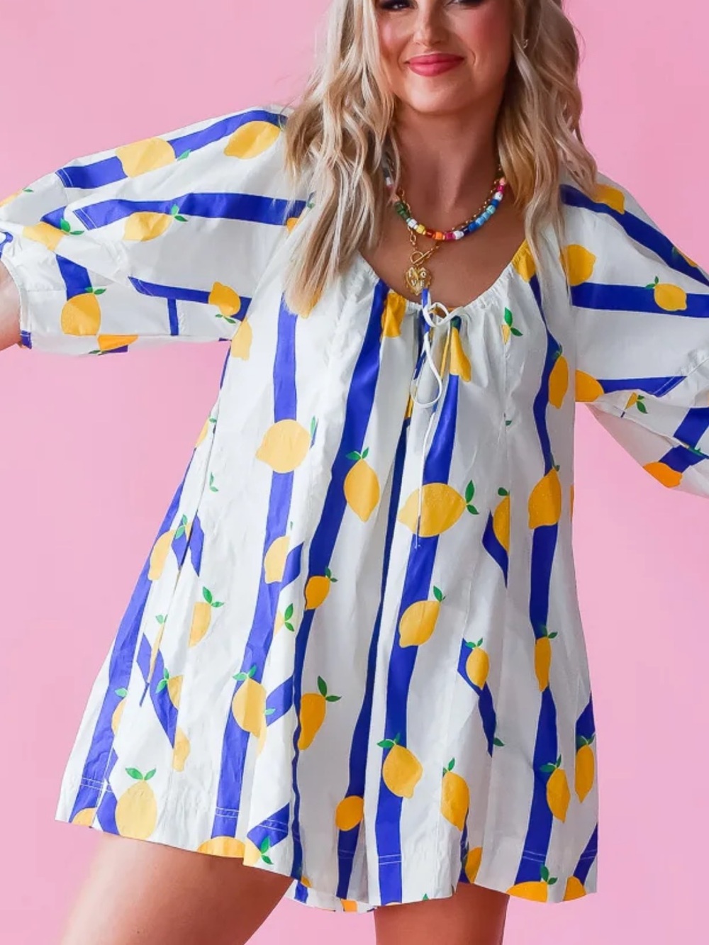 Fantastic Fawn White Jumpsuit with Pink Stripes and Yellow Lemon Print